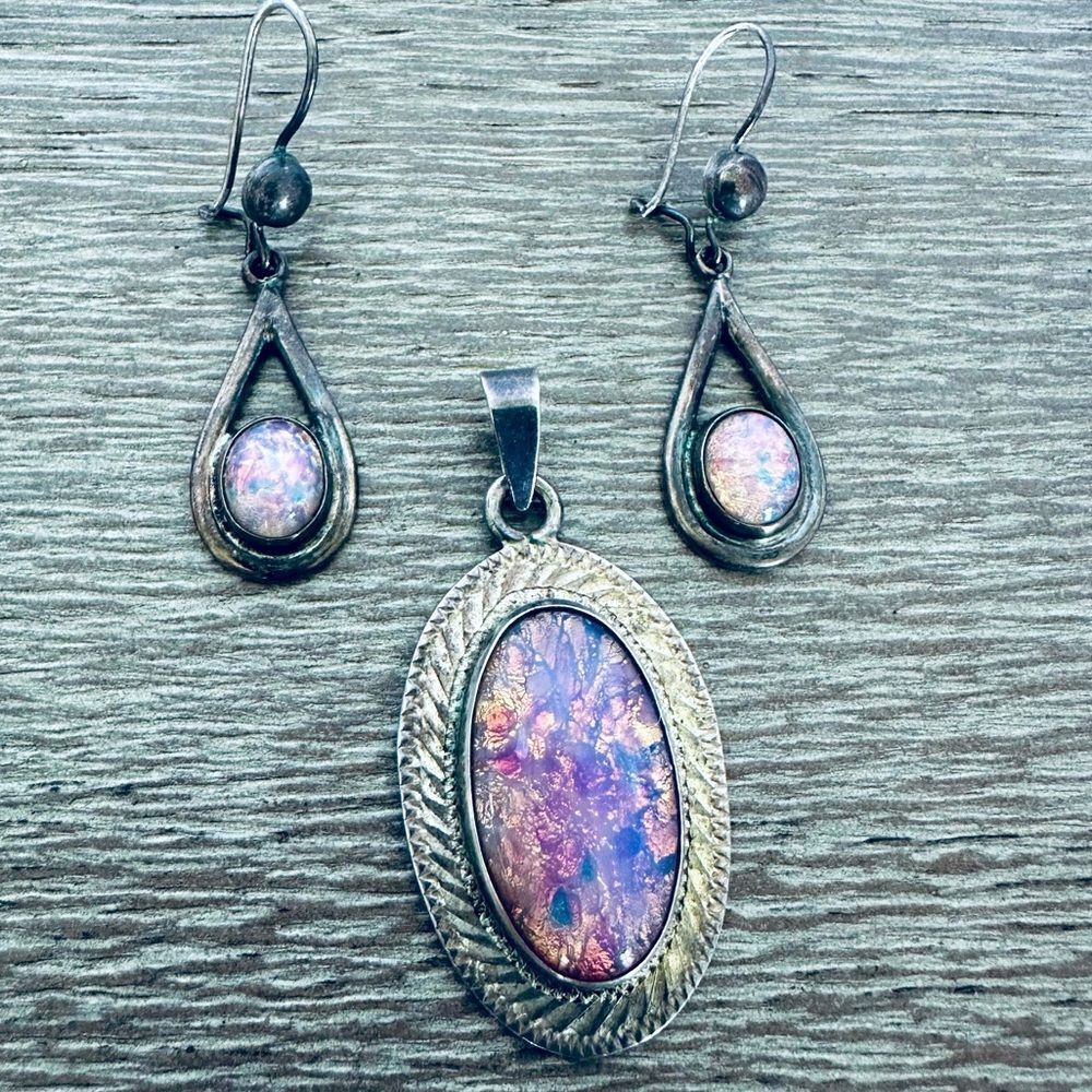 Vintage 950 Sterling Silver Pink Opal Gemstone Necklace Pendant Earrings Set